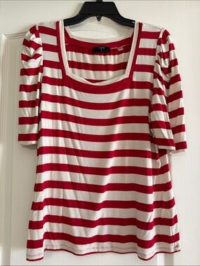 Tahari Red and White Striped Square-Neck Short Sleeve Top